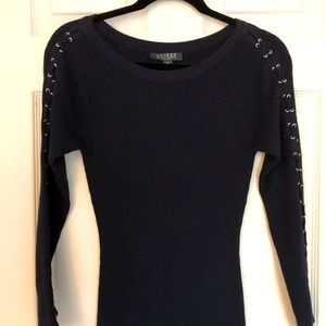 Indigo Blue Ralph Lauren sweater dress with stunning cross stitch sleeves.